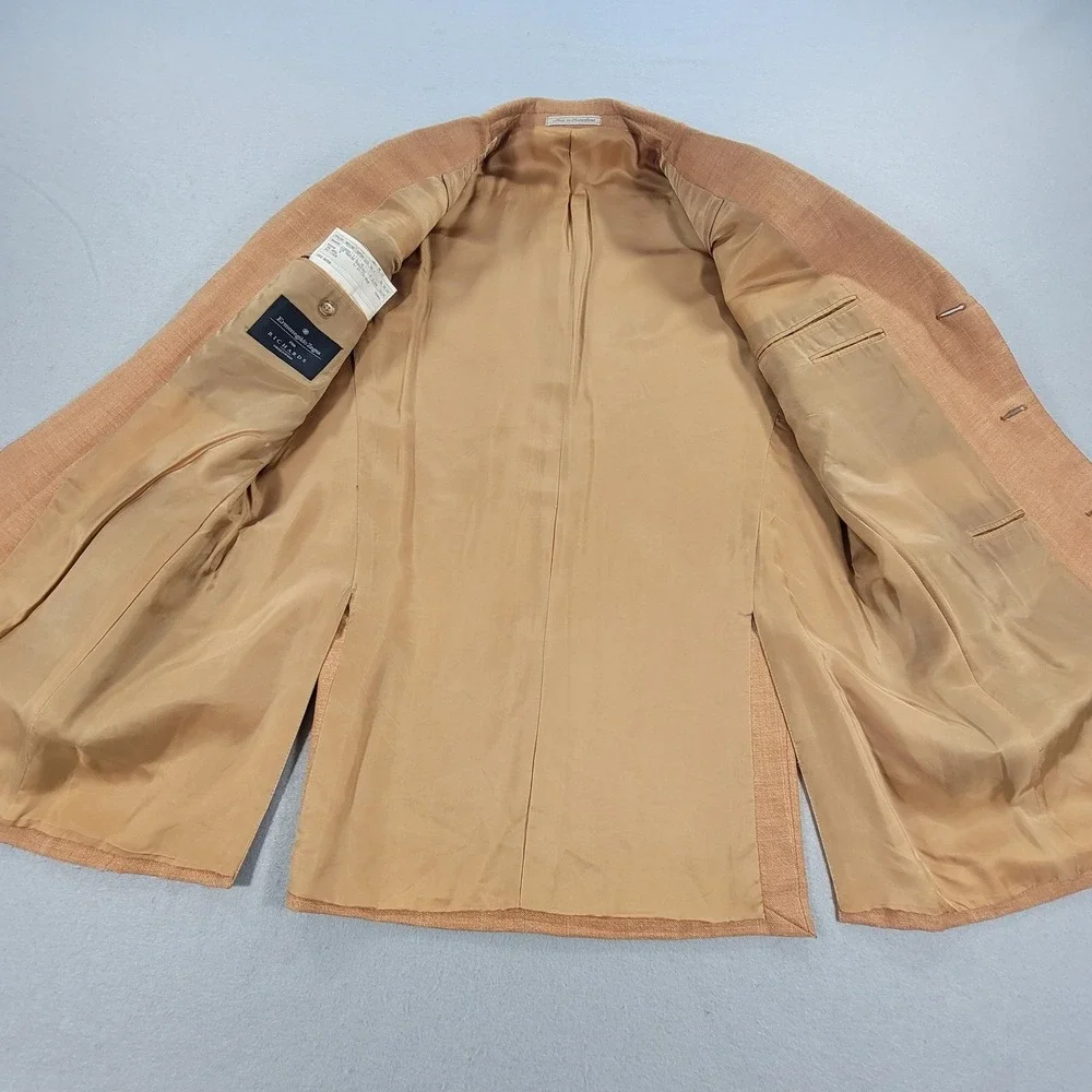 Ermenegildo Zegna Linen Wool Sport Coat Blazer Tan Peach Windowpane 46L Italy